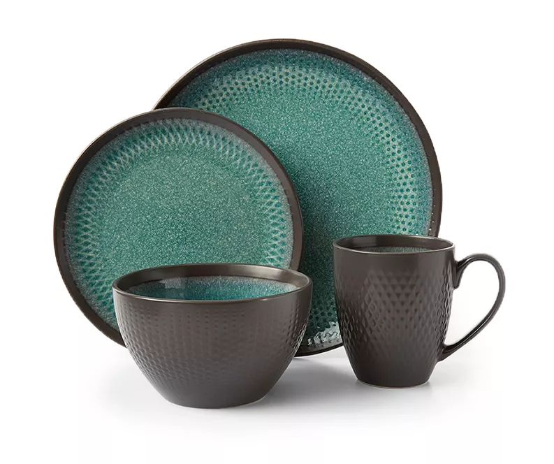 Teal Reactive Stoneware 16-Piece Dinnerware Set