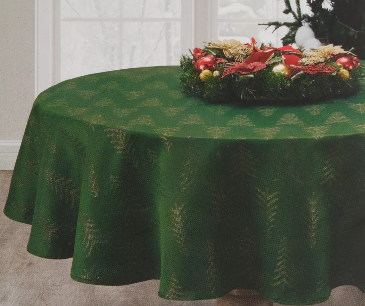 Broyhill Festive Gathering Green & Gold Trees Fabric Tablecloth - Image 2